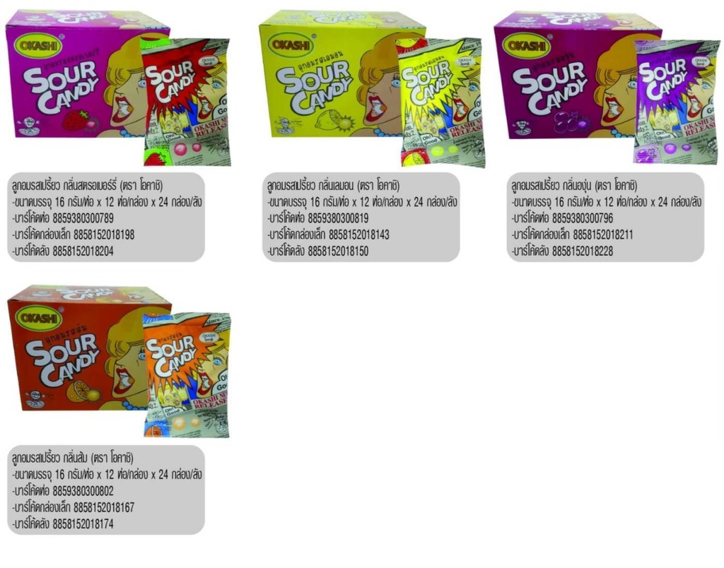 ลูกอมรสเปรี้ยว กลิ่นสตรอ,ส้ม,องุ่น,เลมอน 16g*12pcs