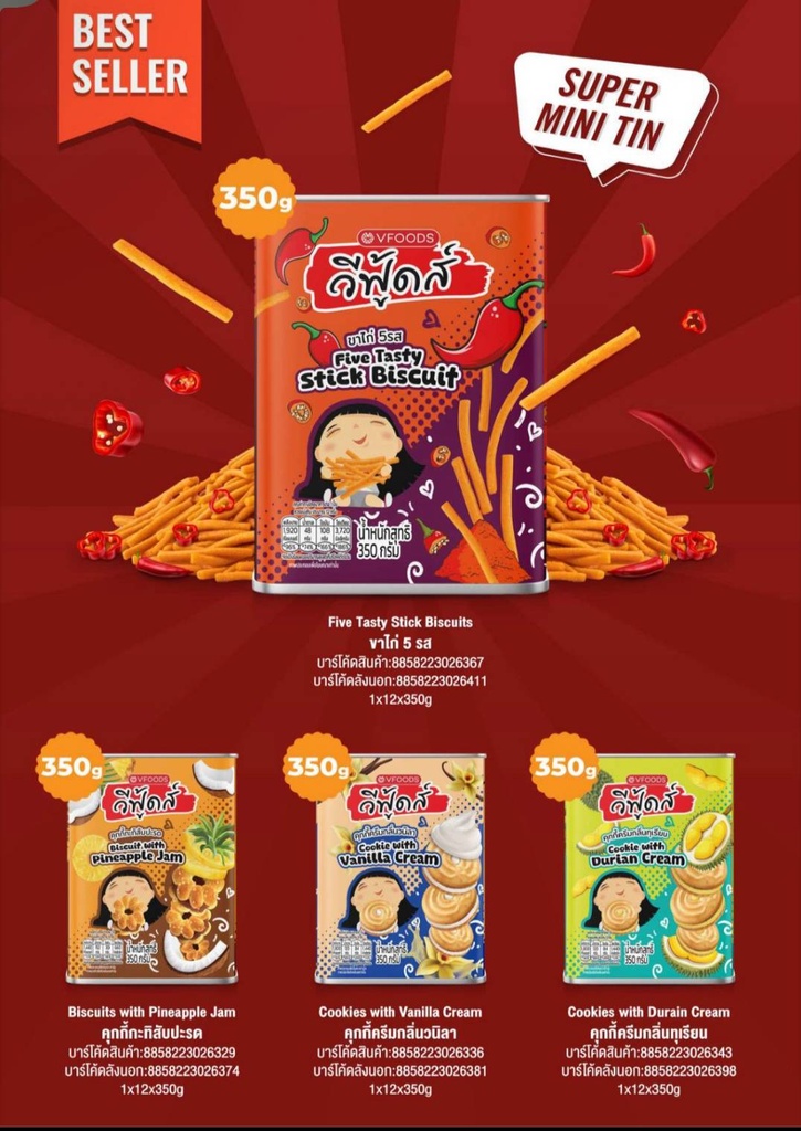 (2026) ปี๊บจิ๋วvf กะทิสับปะรด,จักรเล็ก, ขาไก่ ,ขาไก่5รส, คุกกี้ครีมขาว, กาแฟ,ทุเรียน350กรัม/12
